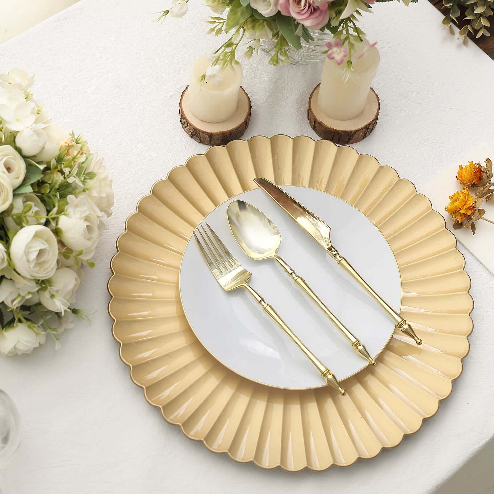 6-Pack Plastic Charger Plates 13" Round Gold with Scalloped Shell Pattern - Coastal Inspired Disposable Charger Tableware