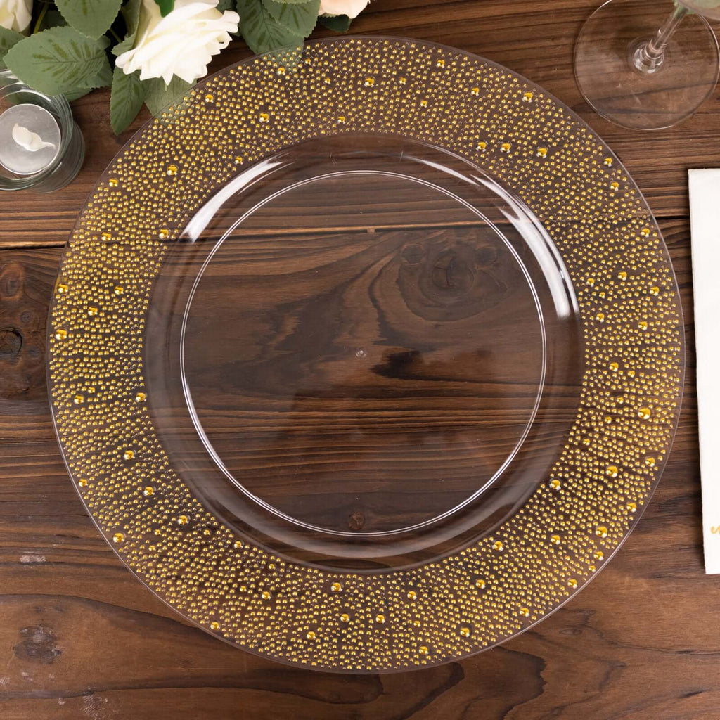6-Pack Plastic Charger Plates 13" Round Clear with Gold Pearl Beaded Rim - Upscale Dinner Serving Plates
