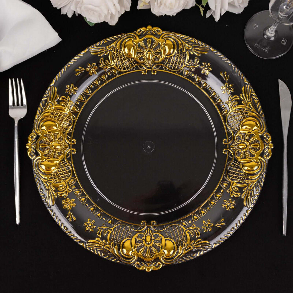 6-Pack Plastic Charger Plates 13" Round Clear with Gold Florentine Embossed Rim - Exquisite Dinner Serving Plates