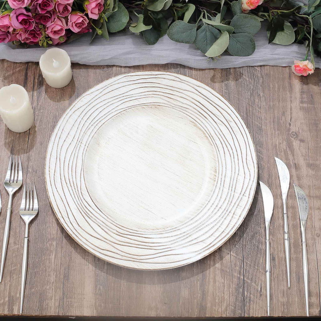 6-Pack Faux Wood Charger Plates 13" Round White Washed Rose Embossed Rim - Disposable Plastic Charger Tableware
