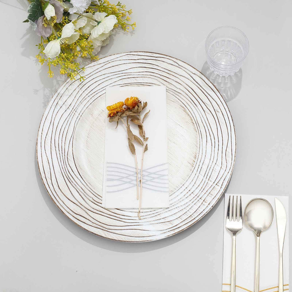 6-Pack Faux Wood Charger Plates 13" Round White Washed Rose Embossed Rim - Disposable Plastic Charger Tableware