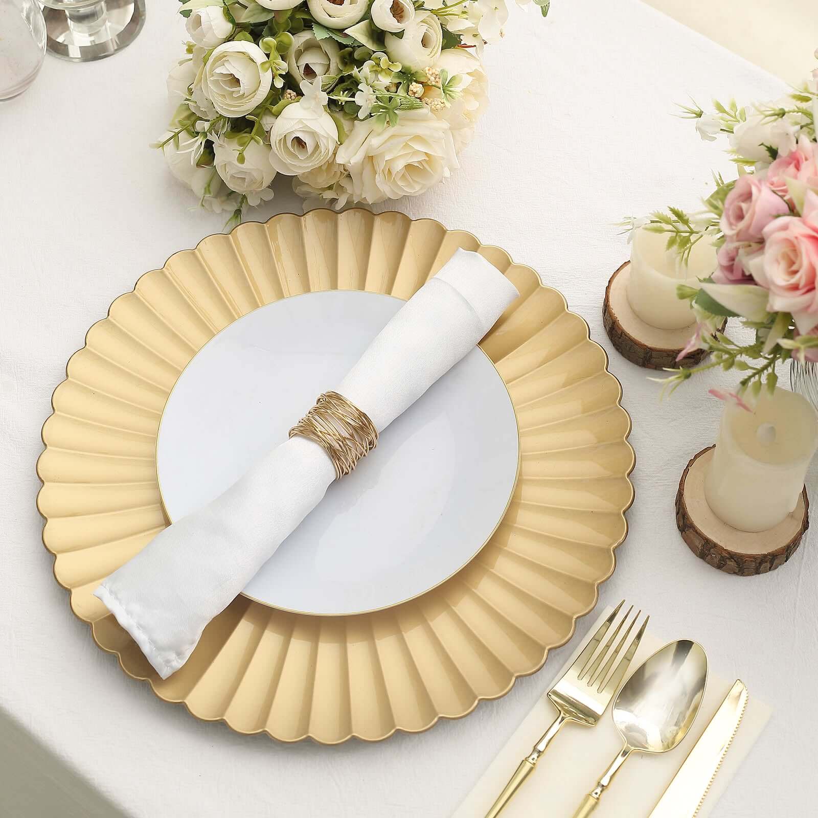 6-Pack Plastic Charger Plates 13" Round Gold with Scalloped Shell Pattern - Coastal Inspired Disposable Charger Tableware