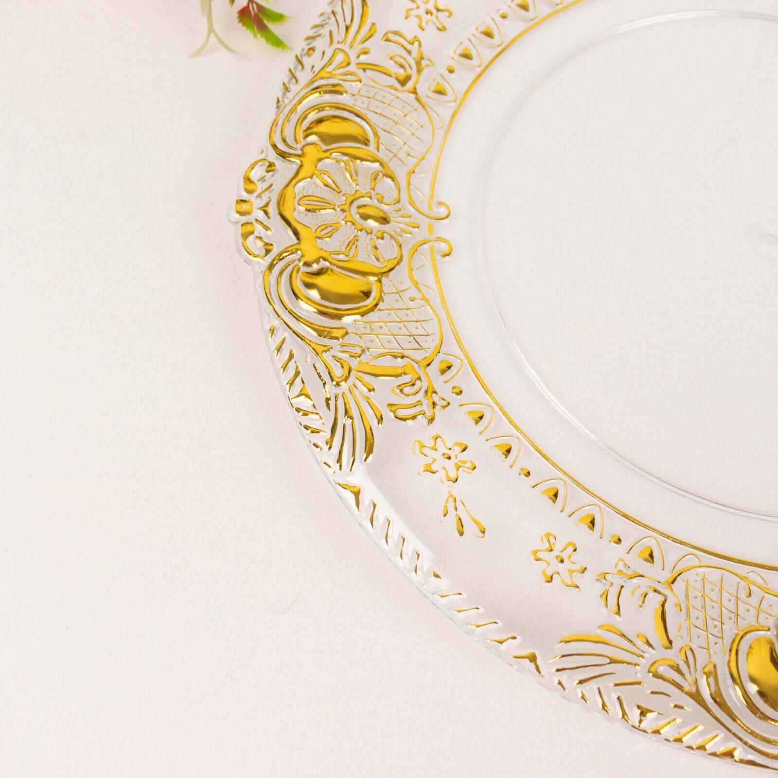 6-Pack Plastic Charger Plates 13" Round Clear with Gold Florentine Embossed Rim - Exquisite Dinner Serving Plates
