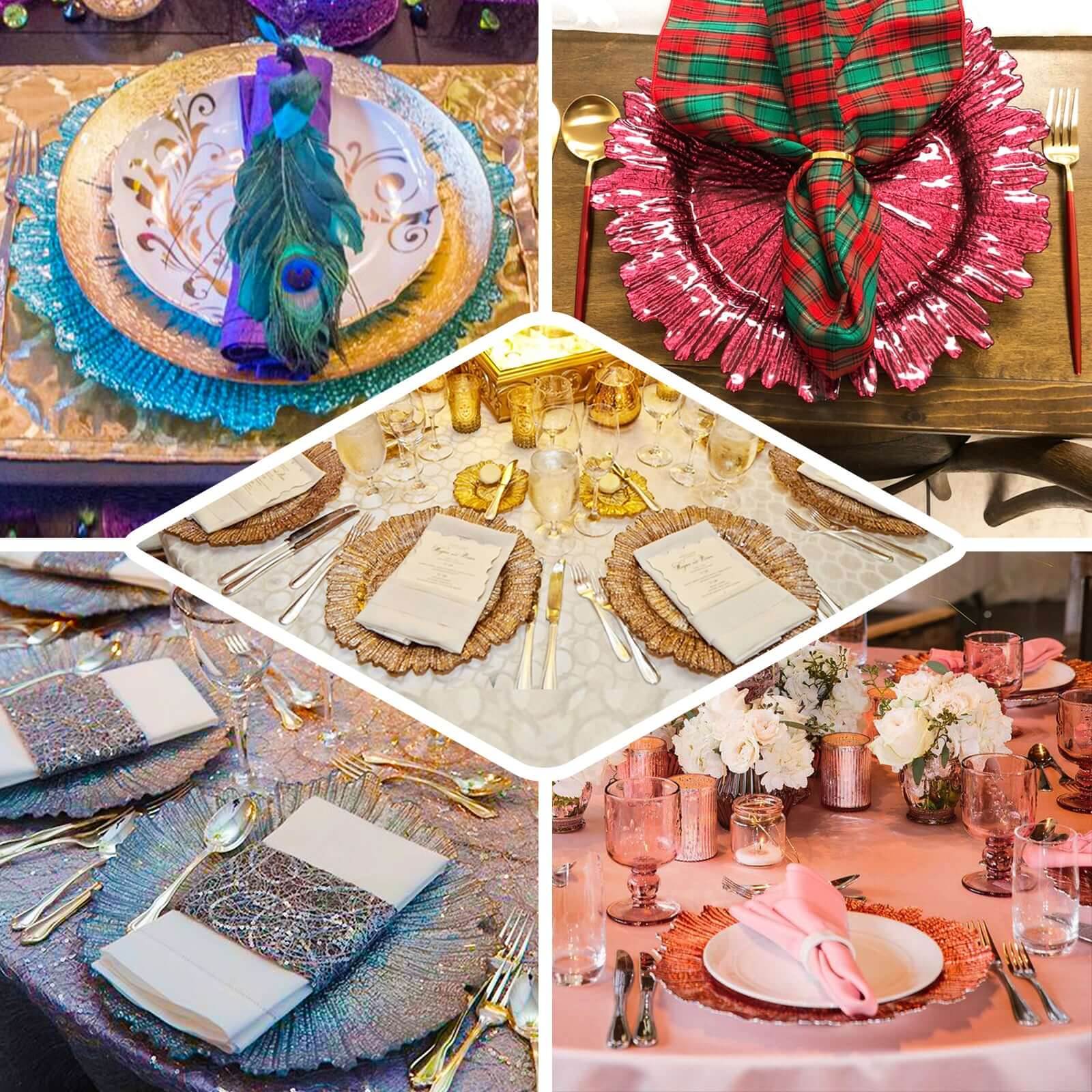 6-Pack Plastic Charger Plates 12", Round Clear with Gold Brushed Scalloped Reef Rim - Decorative Dinner Party Serving Plates