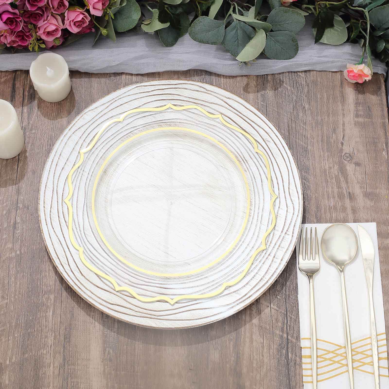 6-Pack Faux Wood Charger Plates 13" Round White Washed Rose Embossed Rim - Disposable Plastic Charger Tableware