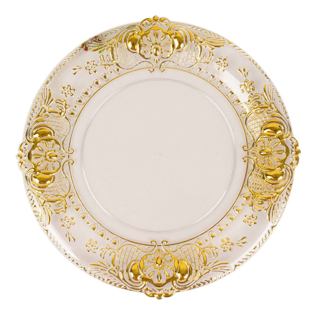 6-Pack Plastic Charger Plates 13" Round Clear with Gold Florentine Embossed Rim - Exquisite Dinner Serving Plates