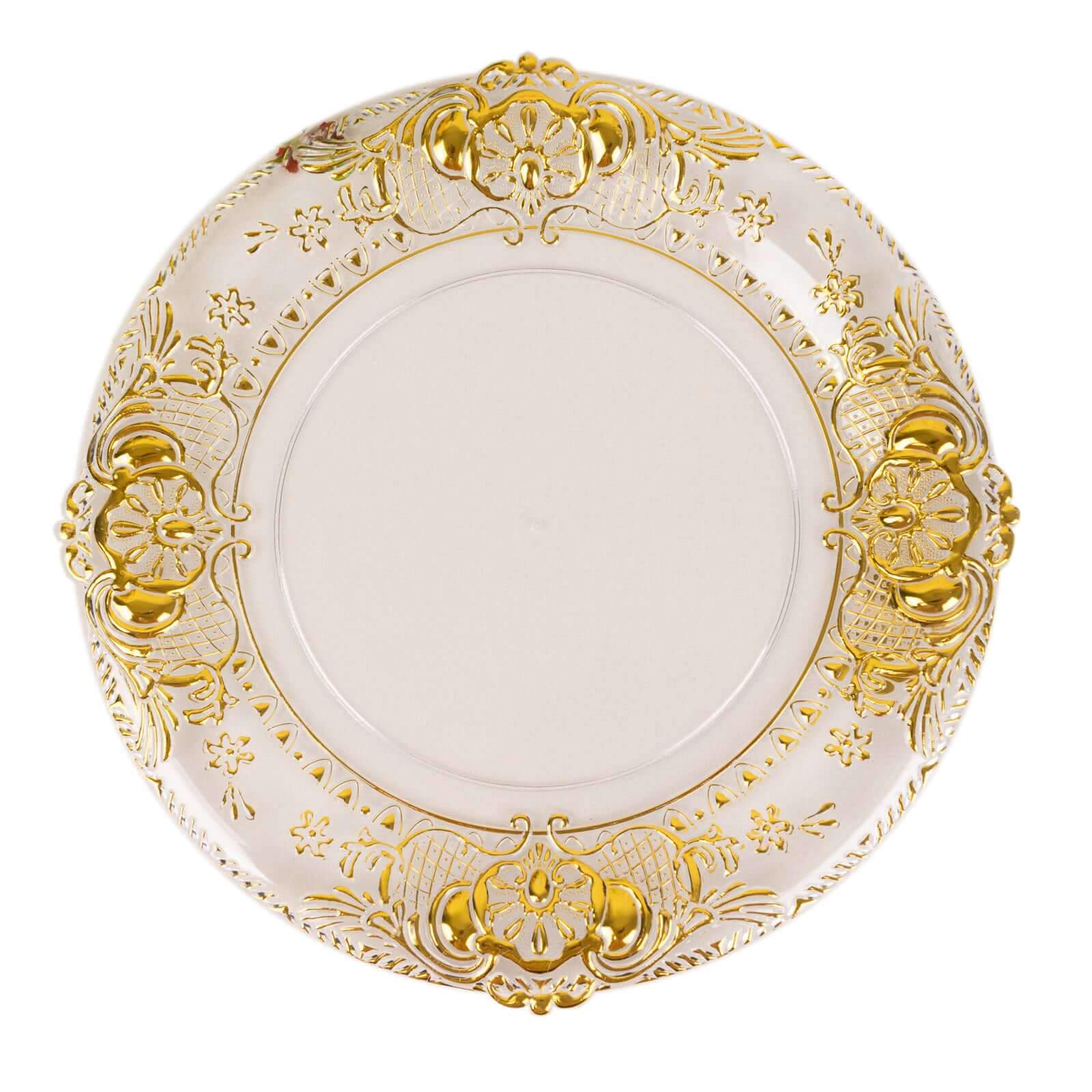 6-Pack Plastic Charger Plates 13" Round Clear with Gold Florentine Embossed Rim - Exquisite Dinner Serving Plates